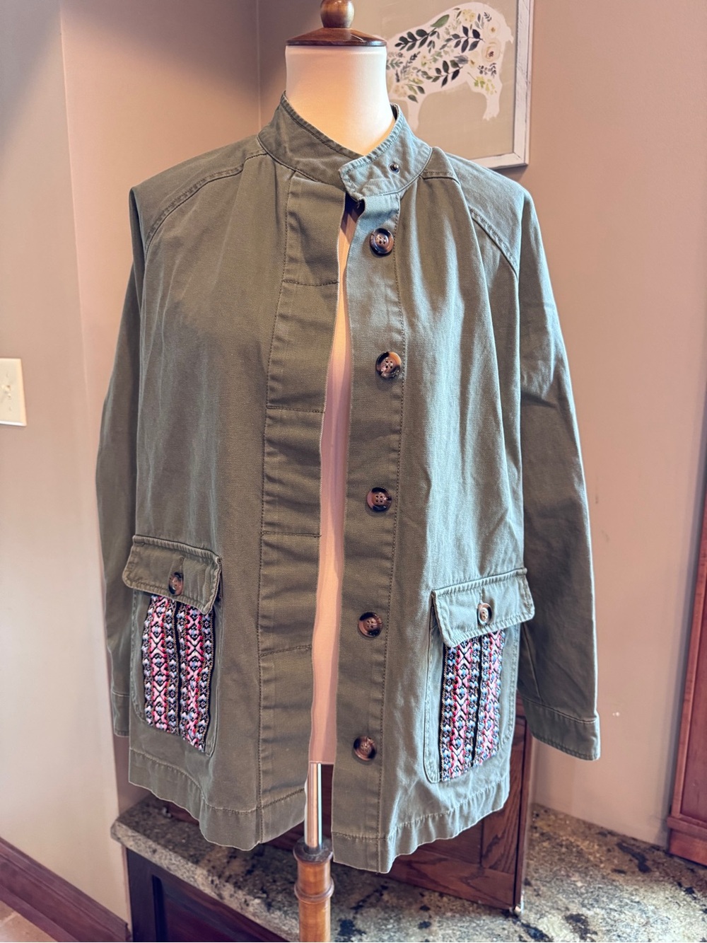 JustFab Olive Green Utility Jacket with Embroidered Patch Pockets medium